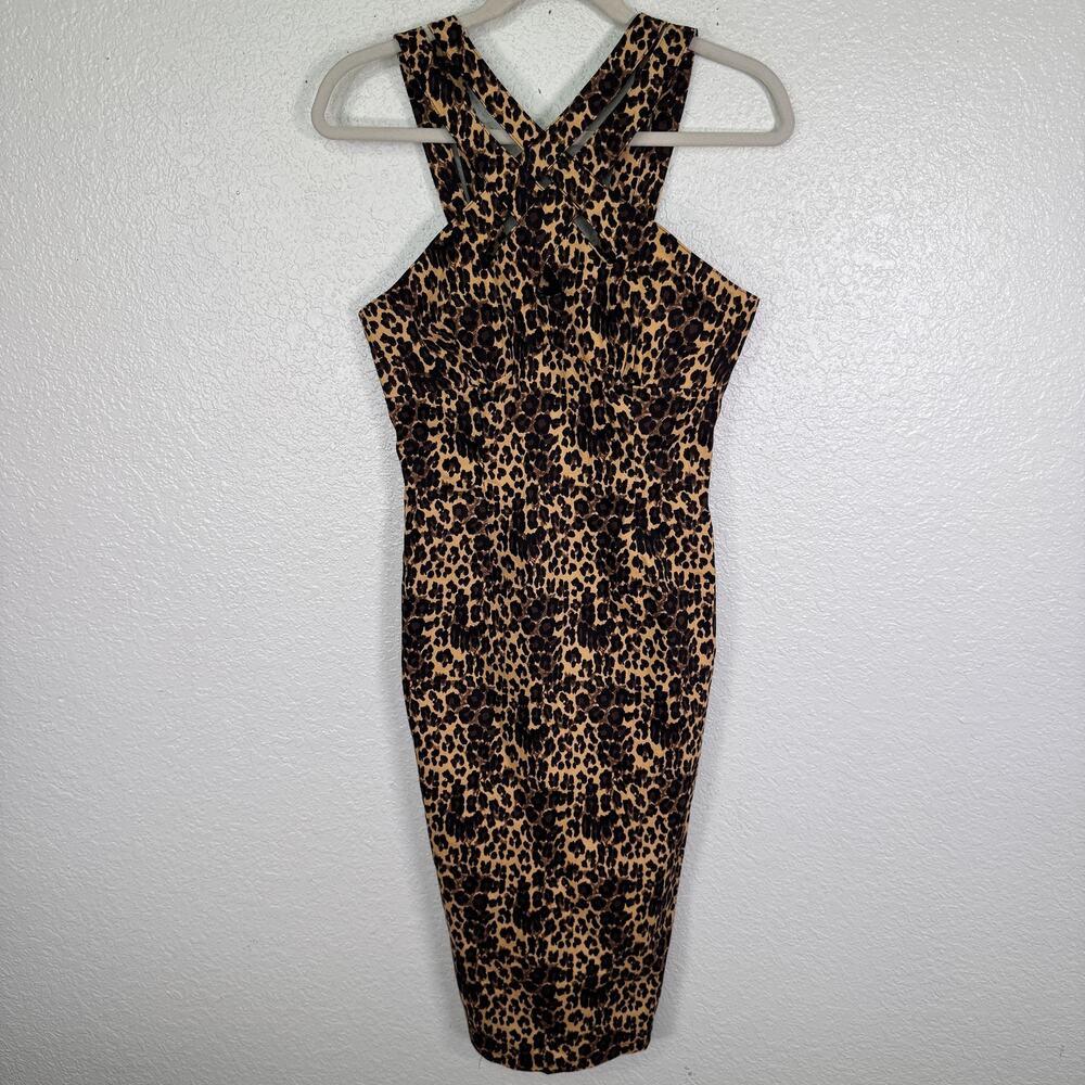 Voodoo Vixen Dress Womens Small Leopard Bodycon Sheath Crisscross Pin Up NEW